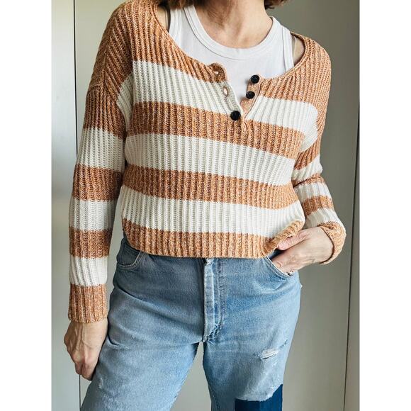 American Eagle Womens Sweater Size XS Striped Cropped henley Style Long Sleeve - Picture 1 of 8